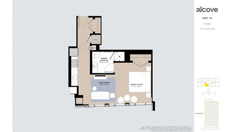 Floor plan for studio, 1 bath, 580 sqft